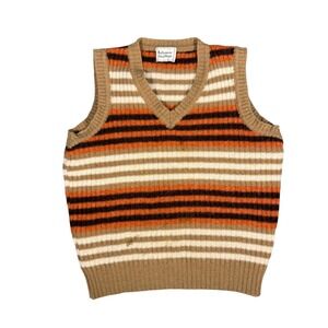 Vintage Shetland Wool Striped Knit V-Neck Sweater Vest Brown Orange Cream